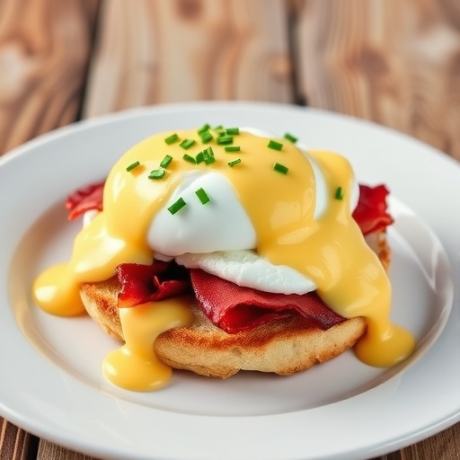 Classic Eggs Benedict with poached eggs, Canadian bacon, and hollandaise sauce on English muffins with chives garnish.